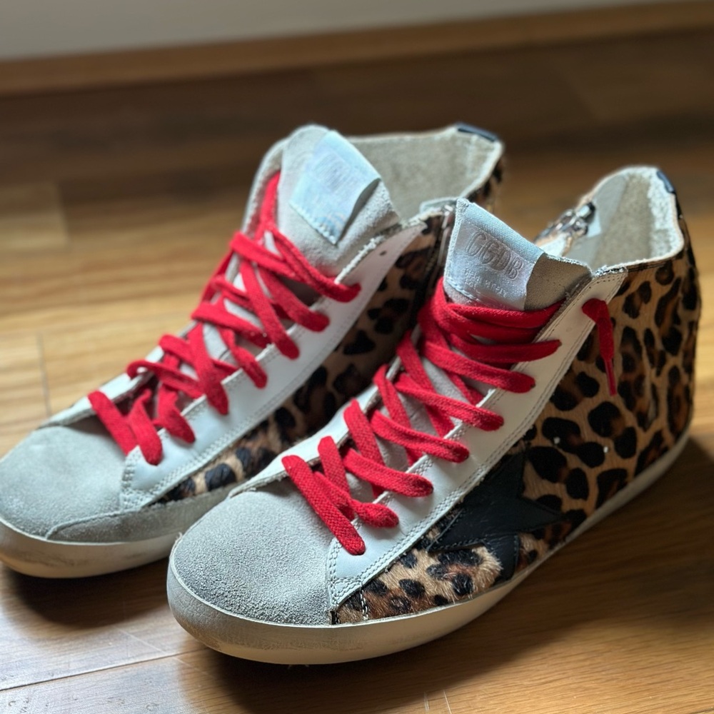 Golden Goose Leopard Print Sneakers with Red Laces